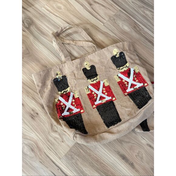 Olive & Hill Womens Nutcracker Soldier Sequin Burlap Tote and Lined Pouch Bag - Picture 2 of 8